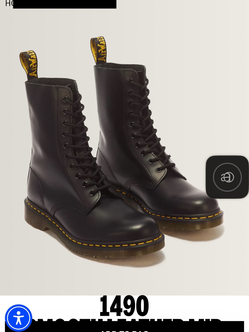Dr. Martens Black Leather 8-Eye Lace-Up Boots with Yellow Stitching NWT New